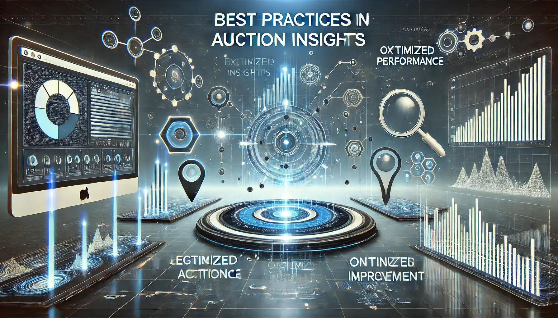 A futuristic dashboard with connected data points and performance graphs symbolizing best practices in leveraging auction insights.