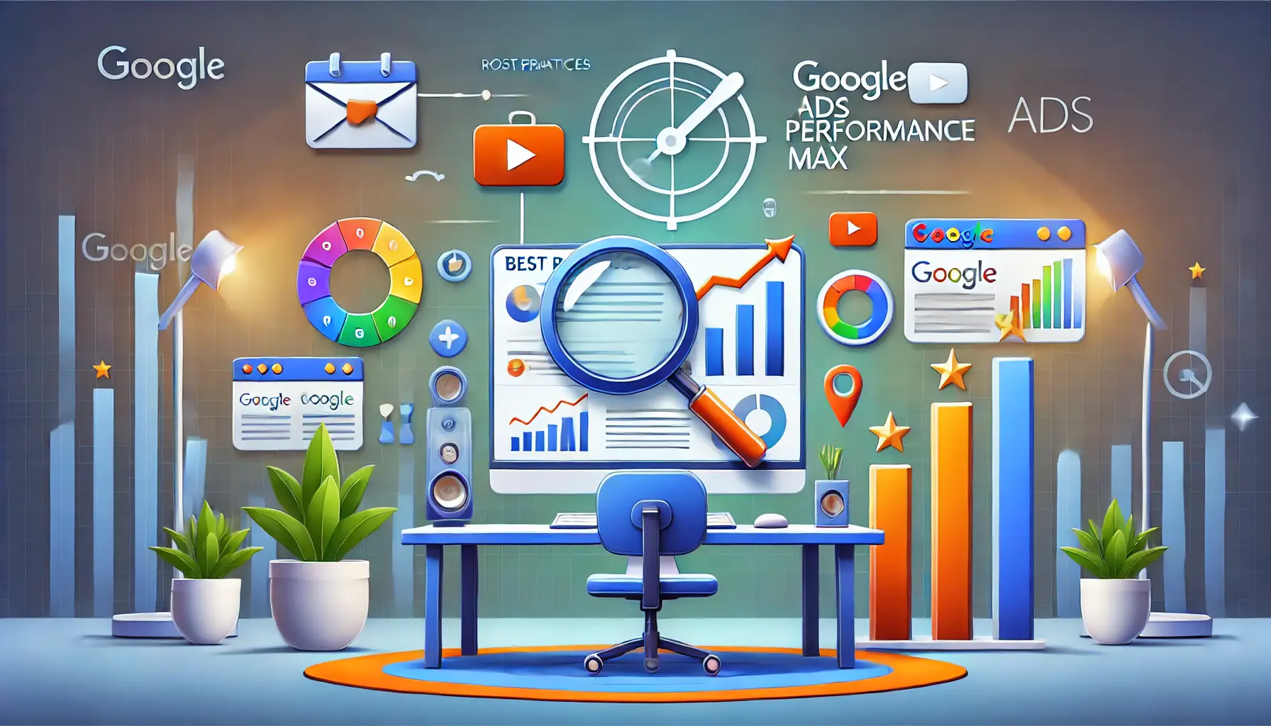 A professional illustration depicting optimization elements like a magnifying glass, growth arrows, and bar graphs for improving Google Ads Performance Max campaigns.