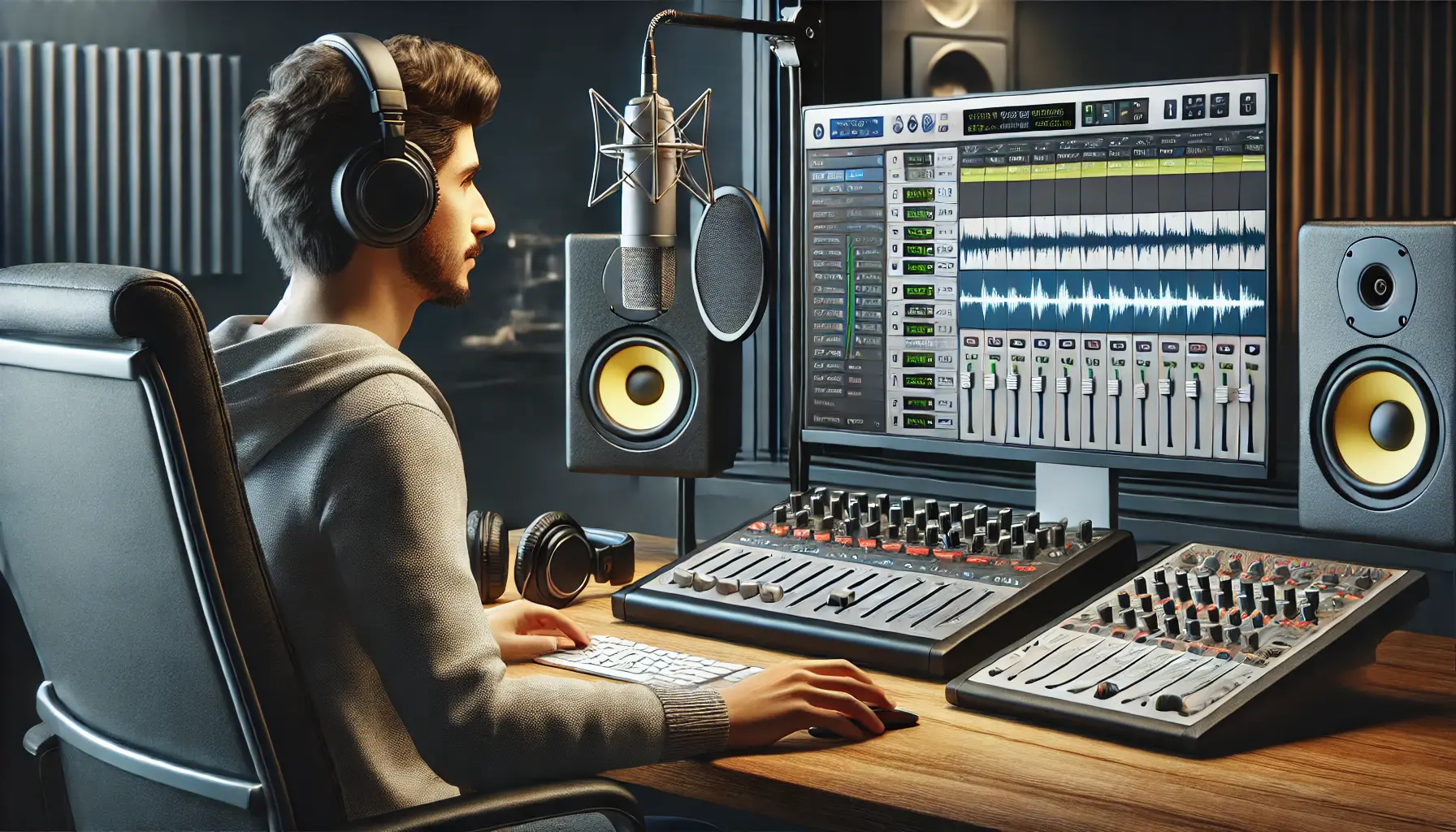 A sound engineer using professional audio recording software on a computer, with a recording booth and microphone in the background.