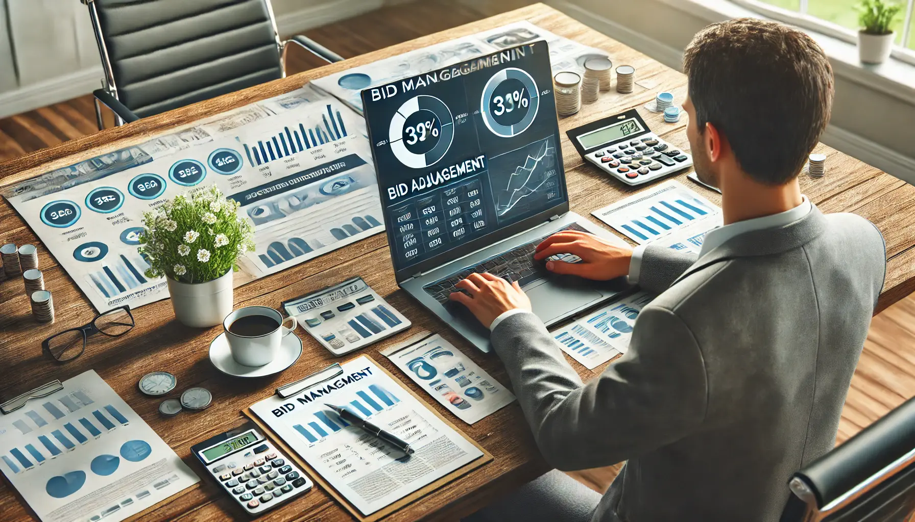 A digital marketer adjusting bids and analyzing budget allocation on a laptop, with campaign performance metrics displayed on the screen.