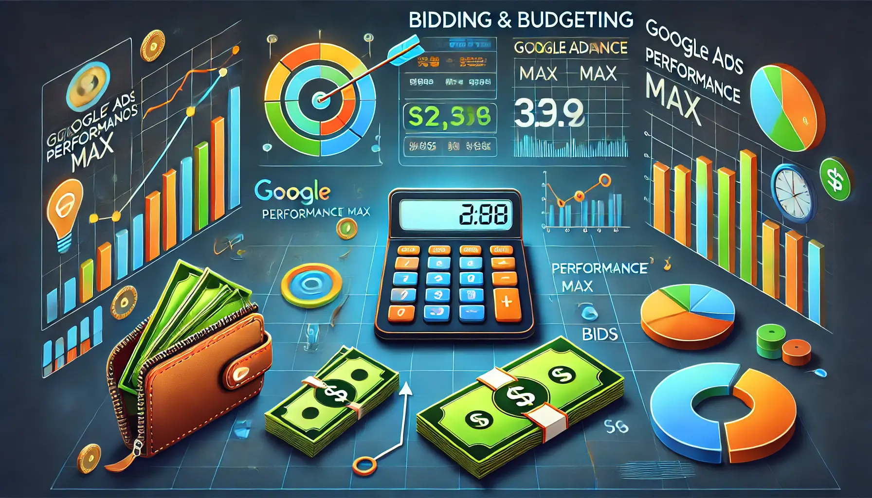 A professional illustration featuring a digital interface with a calculator, pie charts, and bar graphs to represent bidding and budgeting strategies for Google Ads Performance Max campaigns.