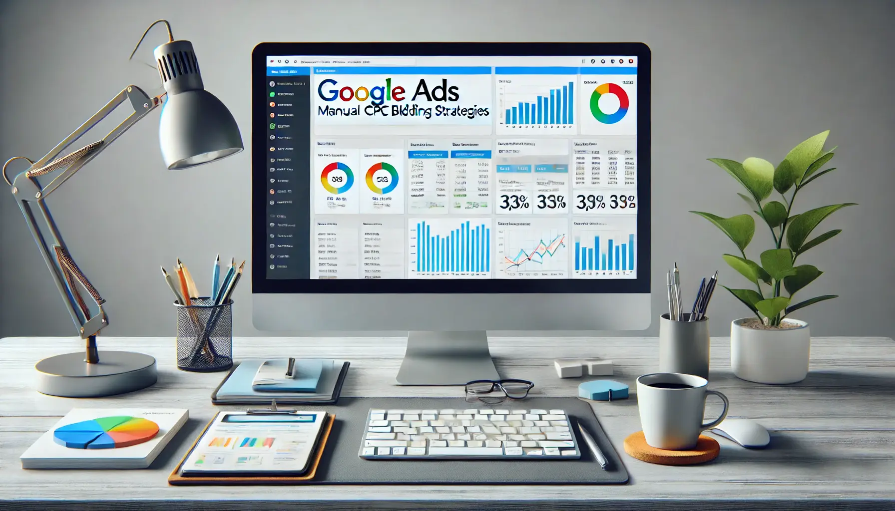 A professional desk setup with a computer screen displaying Google Ads dashboard showing charts and metrics, surrounded by minimalistic office decor.