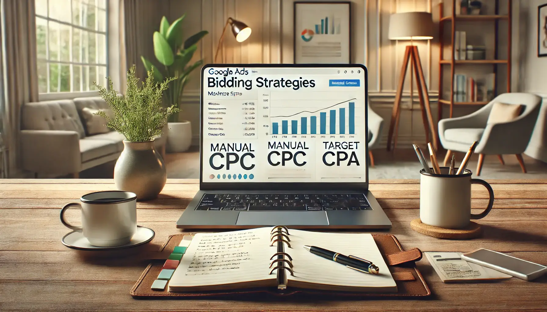 An image showing a Google Ads interface with bidding strategies, surrounded by a notebook and coffee mug in a therapy office setting.