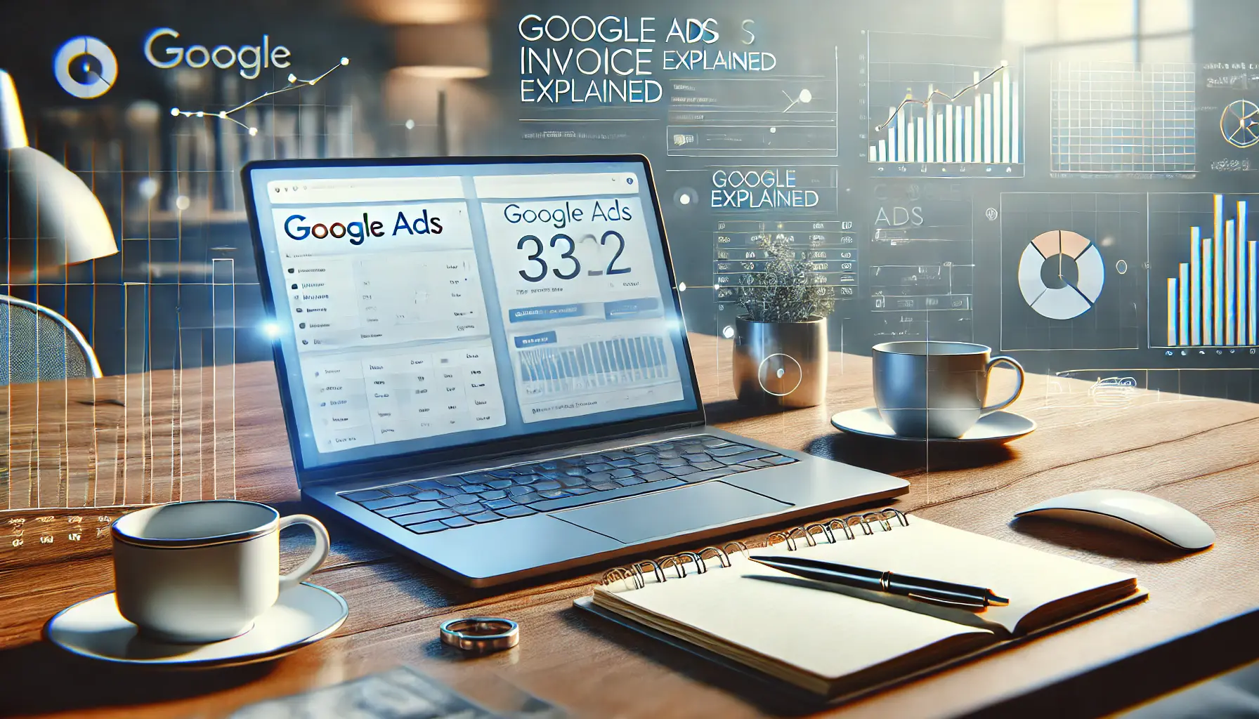 A modern workspace with a laptop displaying a Google Ads dashboard, surrounded by a notepad, pen, and coffee cup on a sleek wooden desk, emphasizing a professional and analytical atmosphere.