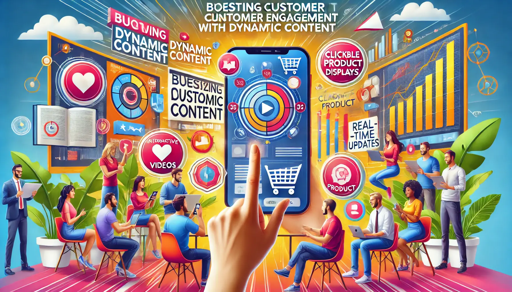 An illustration showing users interacting with dynamic, personalized content such as interactive videos and clickable product displays, enhancing customer engagement in digital marketing.