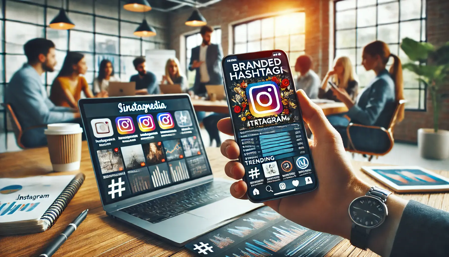 A smartphone displaying an Instagram post with a trending hashtag campaign, surrounded by user-generated content posts, with a laptop showing social media analytics in a modern office.