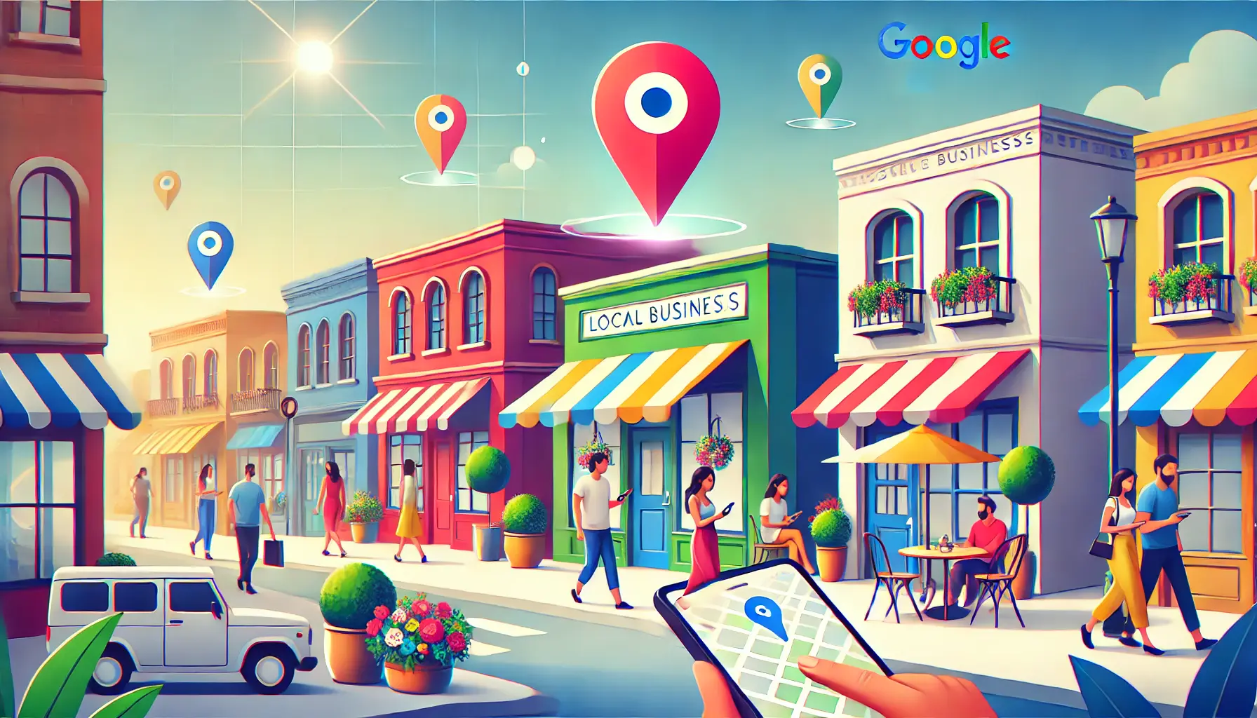 A vibrant illustration of a local business street with colorful storefronts, customers interacting, and digital marketing icons, representing the concept of Google Ads for local businesses.