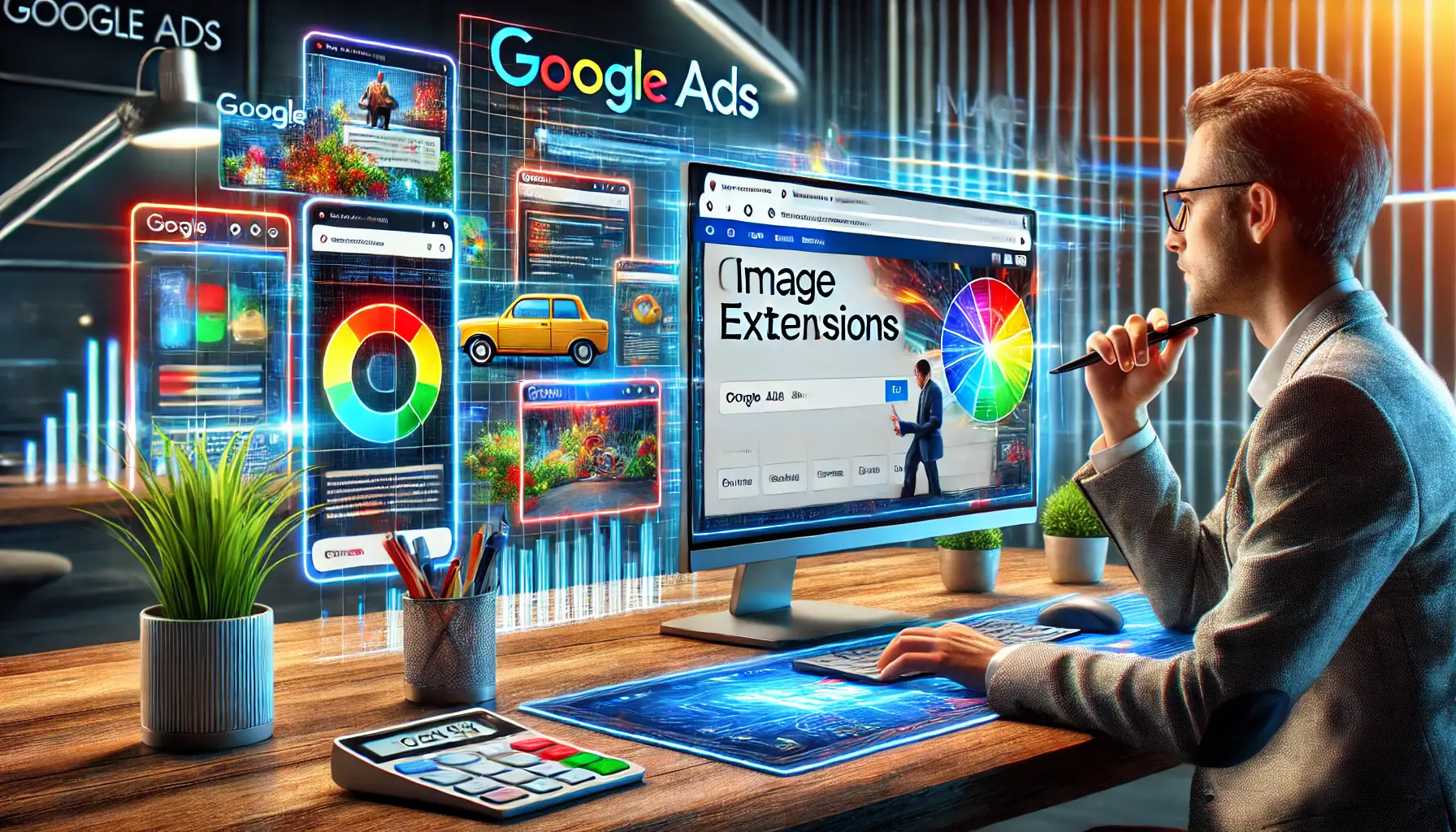 A digital advertisement concept showing Google Ads with image extensions on a modern workspace screen.