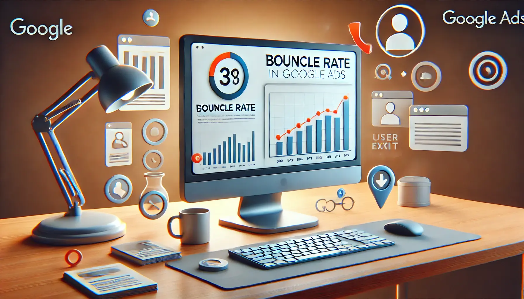 A workspace with a desktop screen displaying bounce rate metrics and user engagement data, focusing on visitors leaving the page.