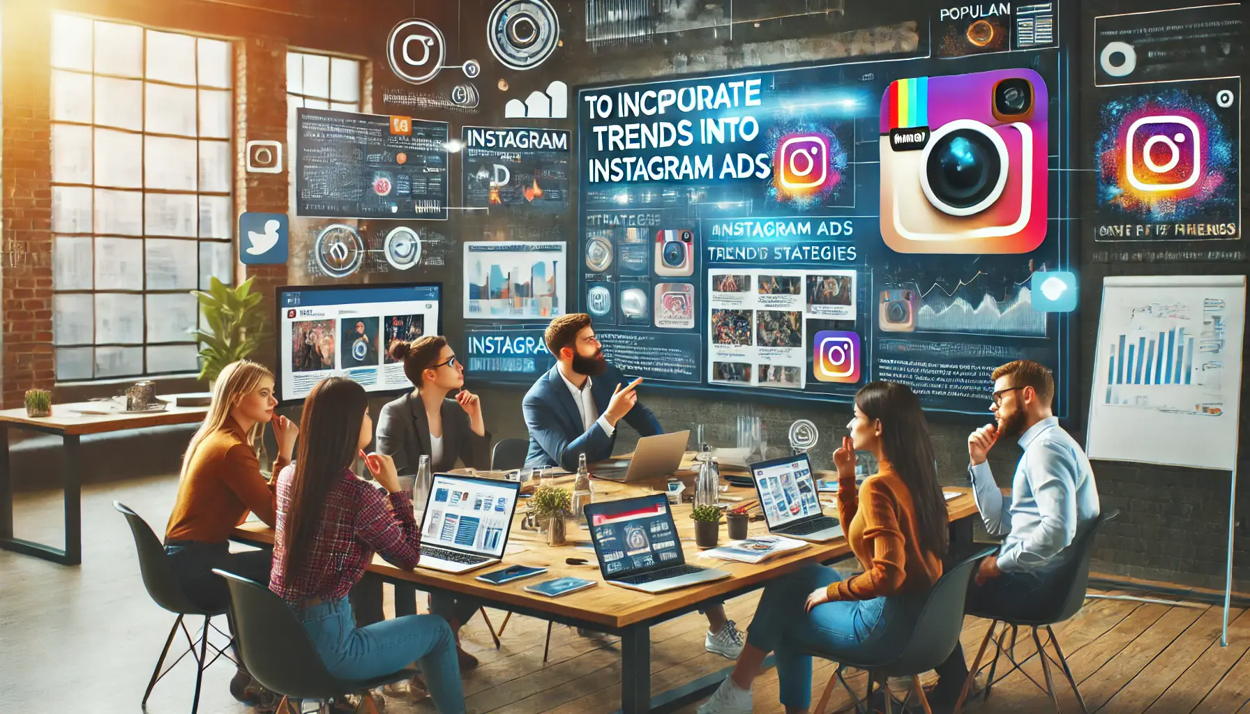 A creative team brainstorming strategies to incorporate trends into Instagram ads, with laptops and digital screens showing Instagram ad examples and campaign strategies.