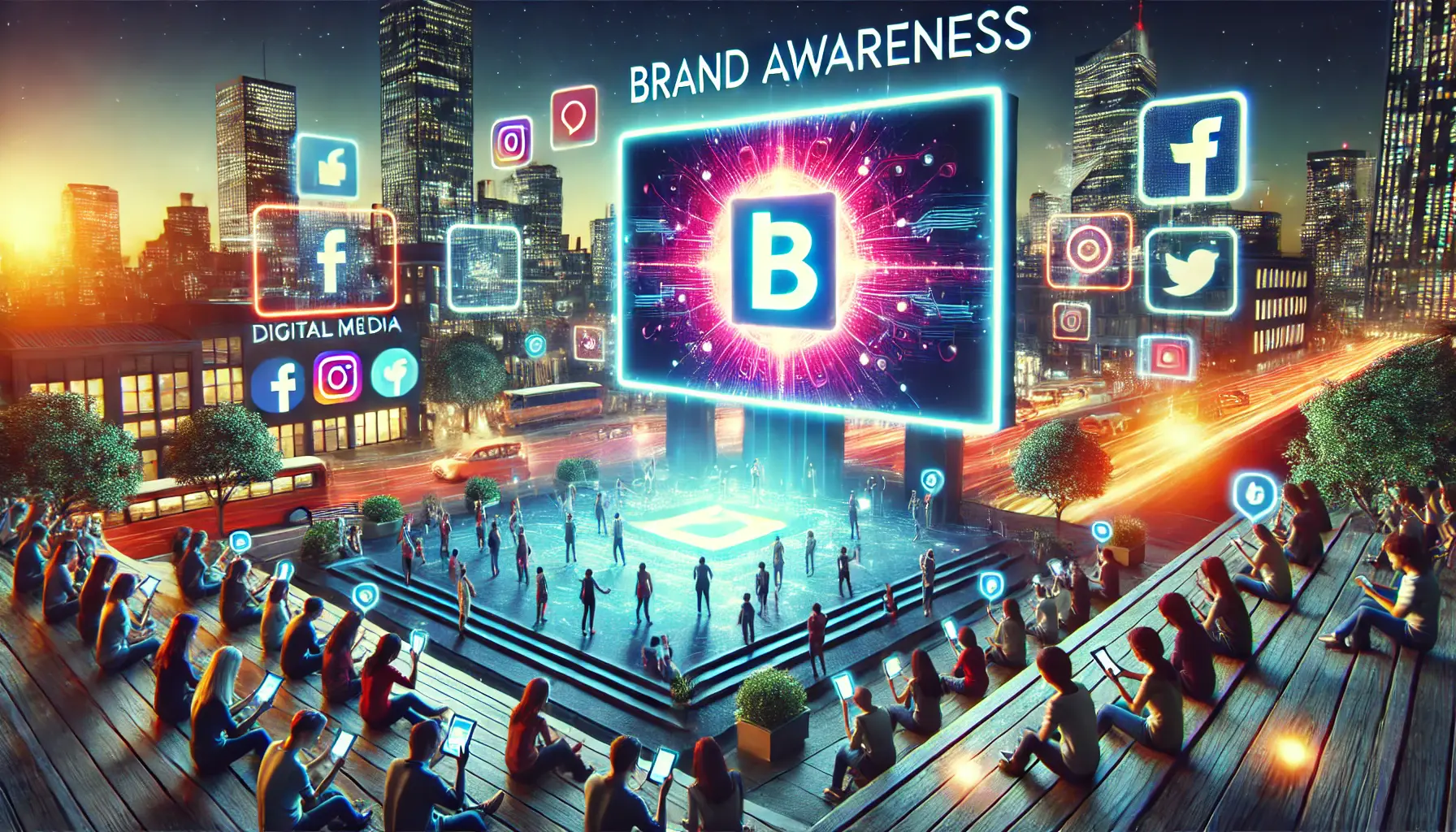 A glowing billboard showcasing a vibrant logo with an engaged audience and social media elements in an urban setting at dusk.