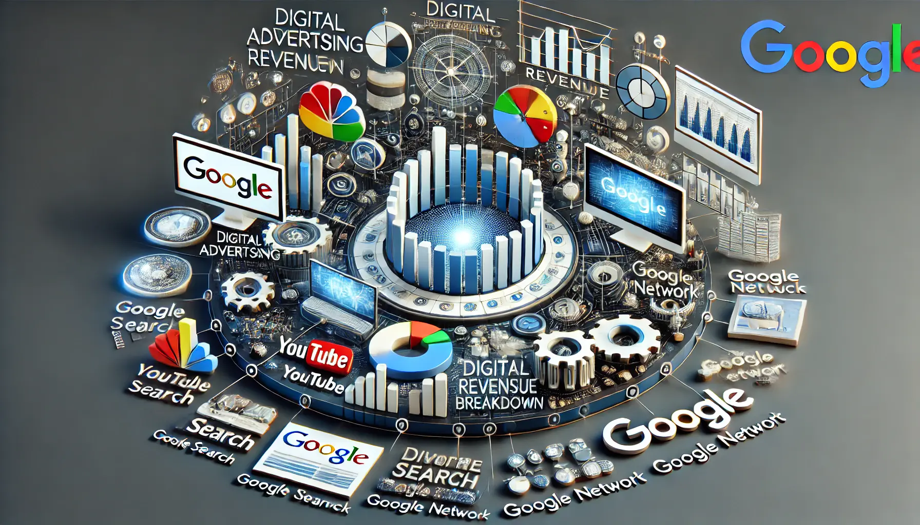 A professional representation of the diverse advertising revenue streams for Google, featuring bar graphs, pie charts, and representations of platforms like YouTube and Google Search.