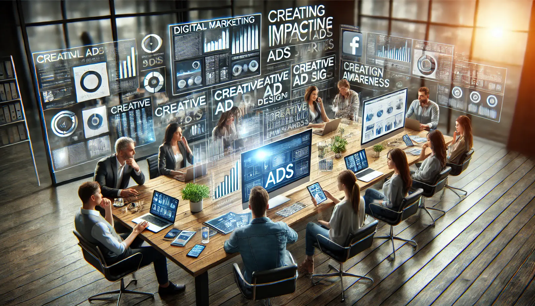 A digital marketing team collaborating around a table to create impactful ads for brand awareness using various digital devices.