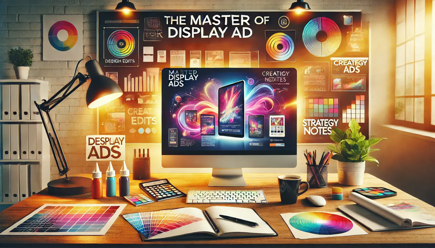 A professional workspace with a monitor displaying a polished ad campaign, surrounded by design tools and creative inspirations.