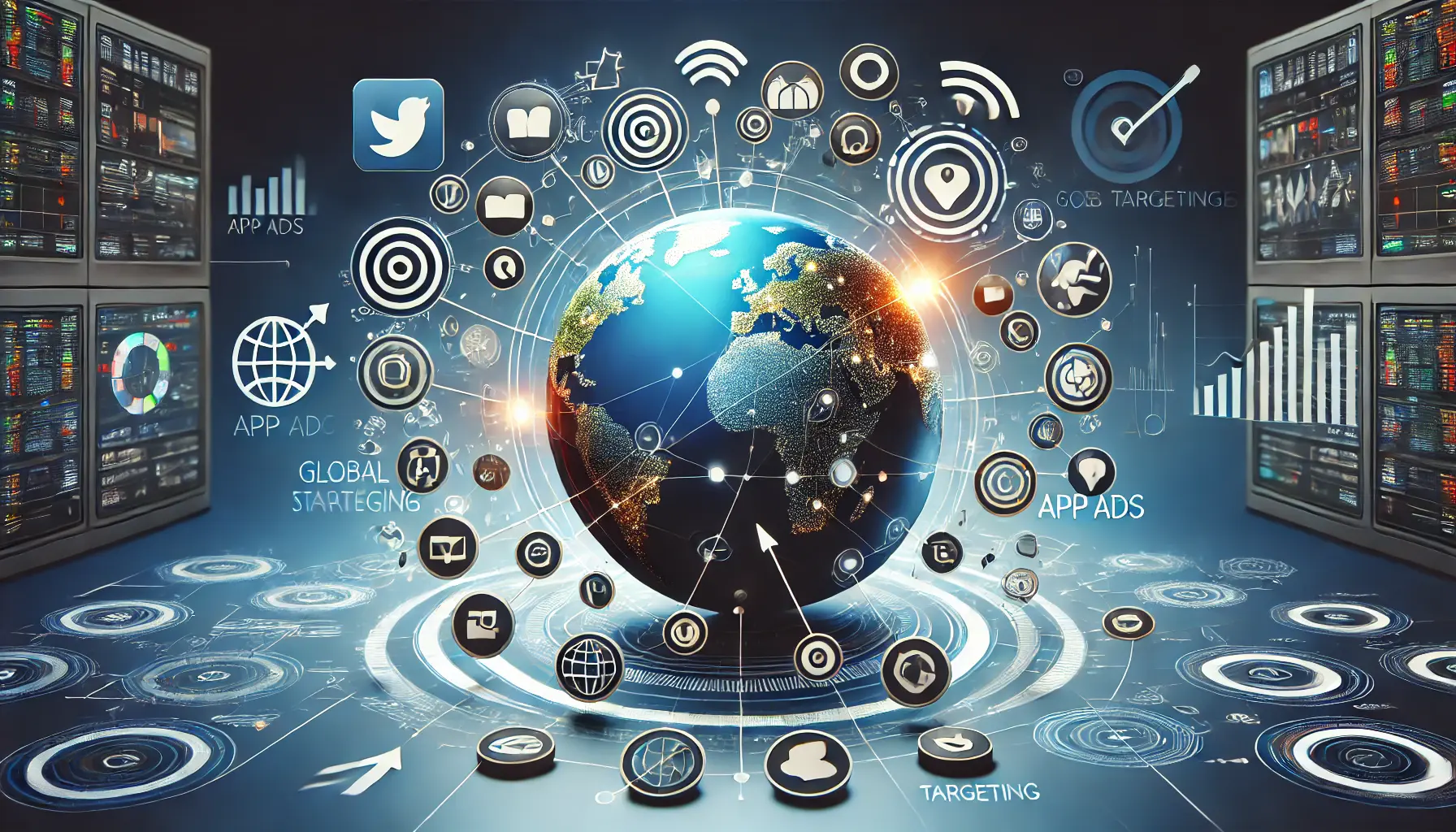 A digital concept showing a globe with interconnected digital icons representing global marketing strategies for app ads, including app icons, social media symbols, and ad targeting elements.