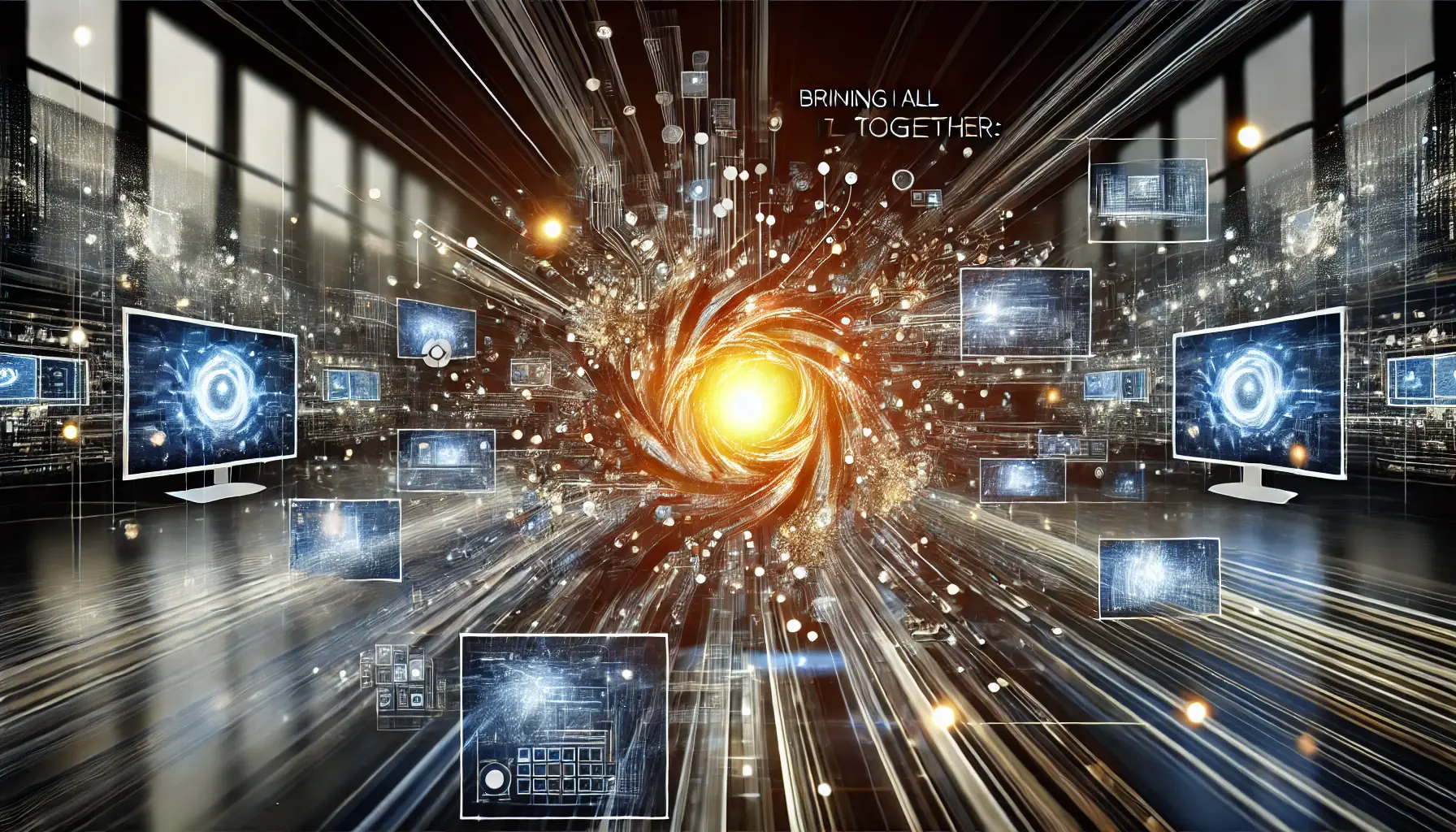 A dynamic representation of the power of ad sequencing, showing digital screens coming together into a unified, glowing central point.