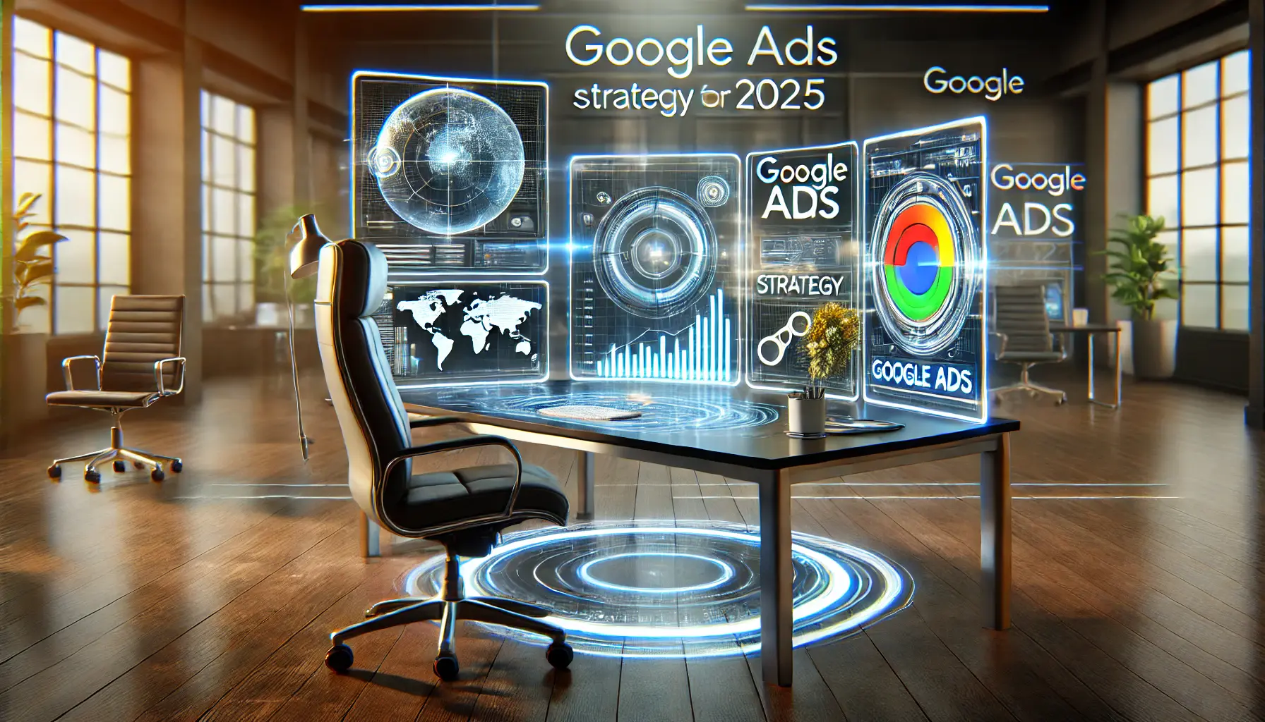 A futuristic workspace with digital marketing tools and Google Ads interface on screens, representing innovative strategies for 2025.