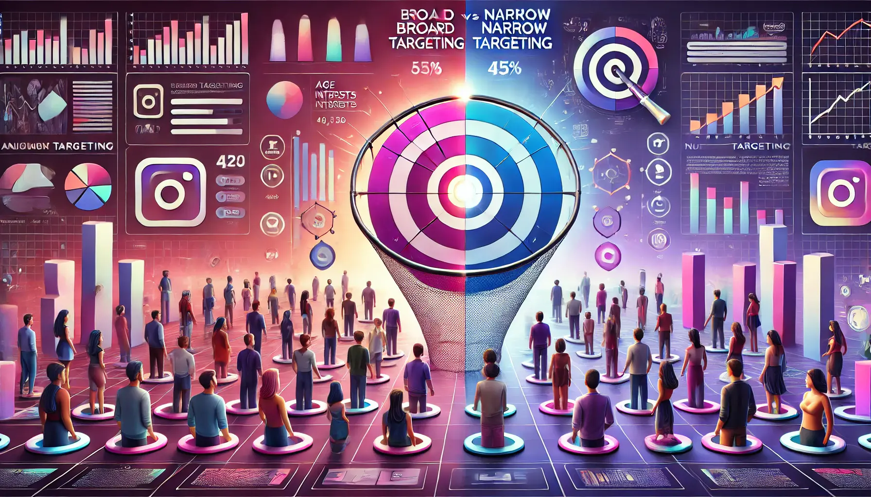 An illustration showing broad targeting with a wide net cast over a diverse group of people and narrow targeting with a focused spotlight on a specific audience, with data visualizations in the background.