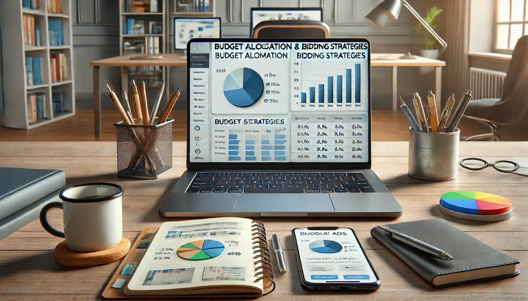 A laptop displaying a dashboard with pie charts and bar graphs for budget allocation and bidding strategies, surrounded by a smartphone, notebook, pen, and coffee cup on a modern desk.