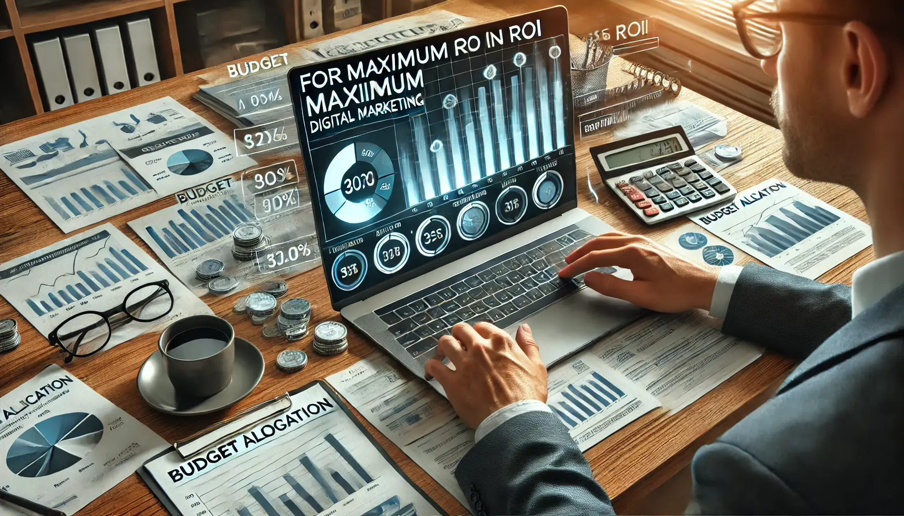 A professional analyzing a spreadsheet with budget allocation graphs on a computer screen, surrounded by financial reports and a calculator.