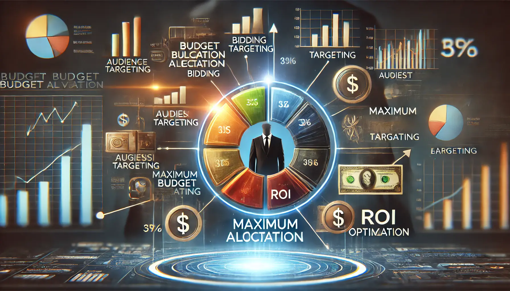 A visual representation of budget allocation strategies in digital advertising, showcasing a pie chart and distribution across campaign elements.