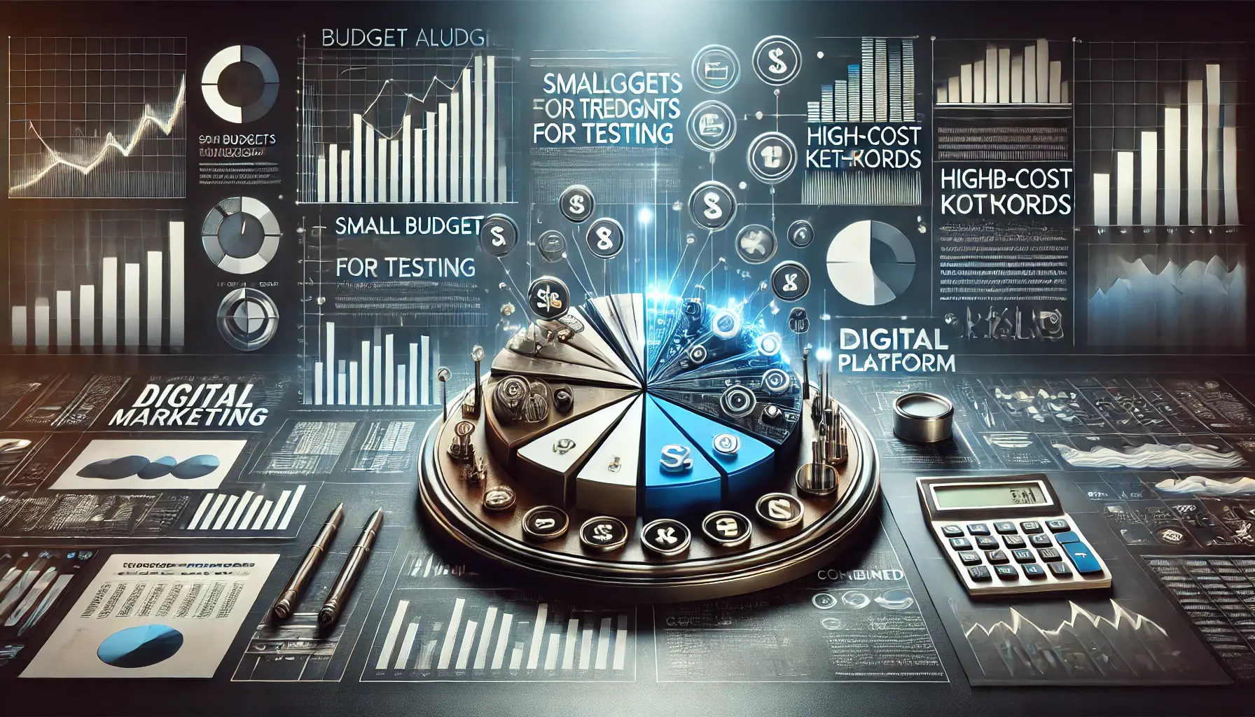 Illustration of a pie chart showing different digital marketing budget allocation strategies with financial symbols.