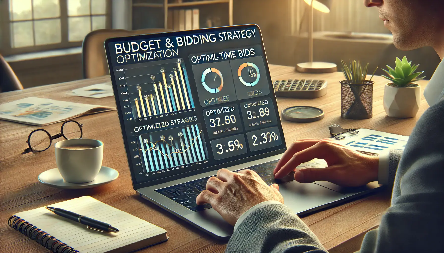 A business professional analyzing a laptop screen displaying budget allocation graphs and real-time bidding adjustments for Google Ads.