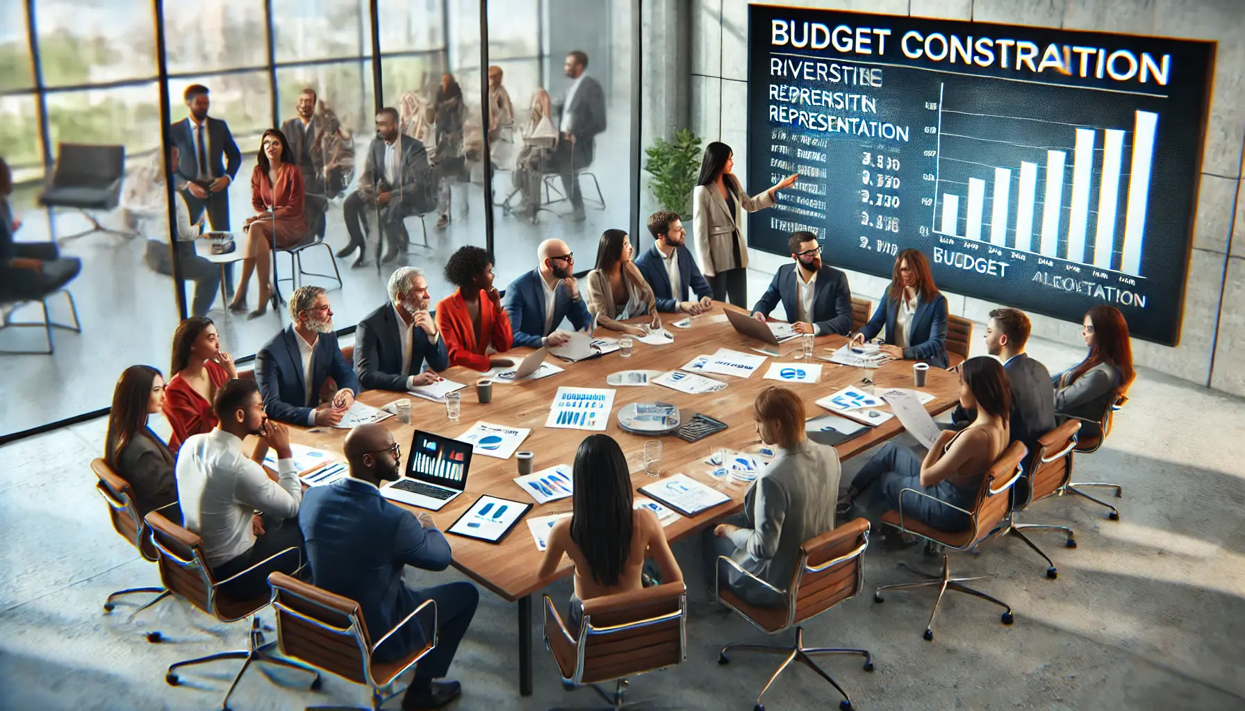 A diverse team of professionals discussing budget constraints and prioritizing representation in an advertising campaign.