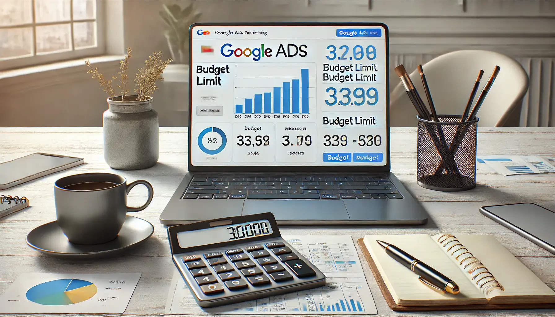 A professional digital marketing workspace showing a laptop with a Google Ads dashboard displaying a budget limit bar and performance metrics, along with a calculator and notepad.