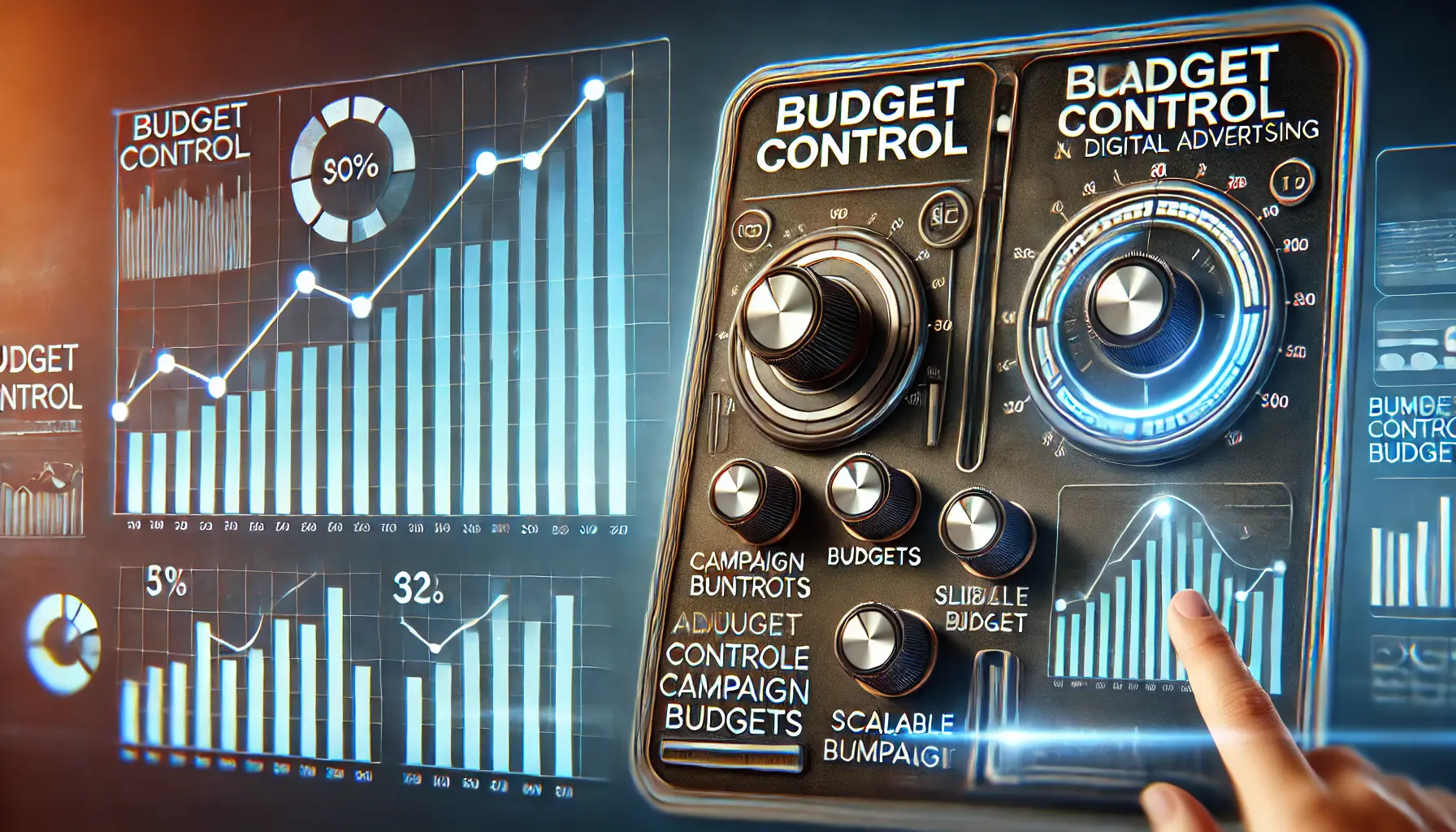 An image showing a digital budget control dashboard with adjustable sliders or dials and scalable growth graphs, representing budget control and scalability in digital advertising.