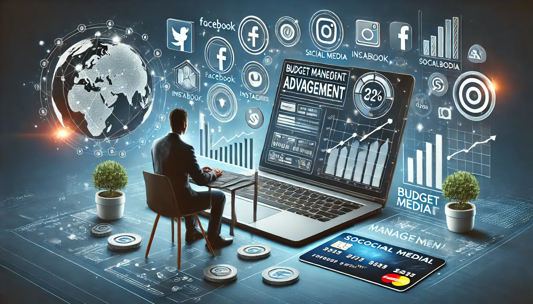 A digital illustration of a workspace with a laptop displaying social media ad analytics, surrounded by a smartphone showing engagement metrics, a credit card symbolizing budget allocation, and floating social media icons representing different platforms.