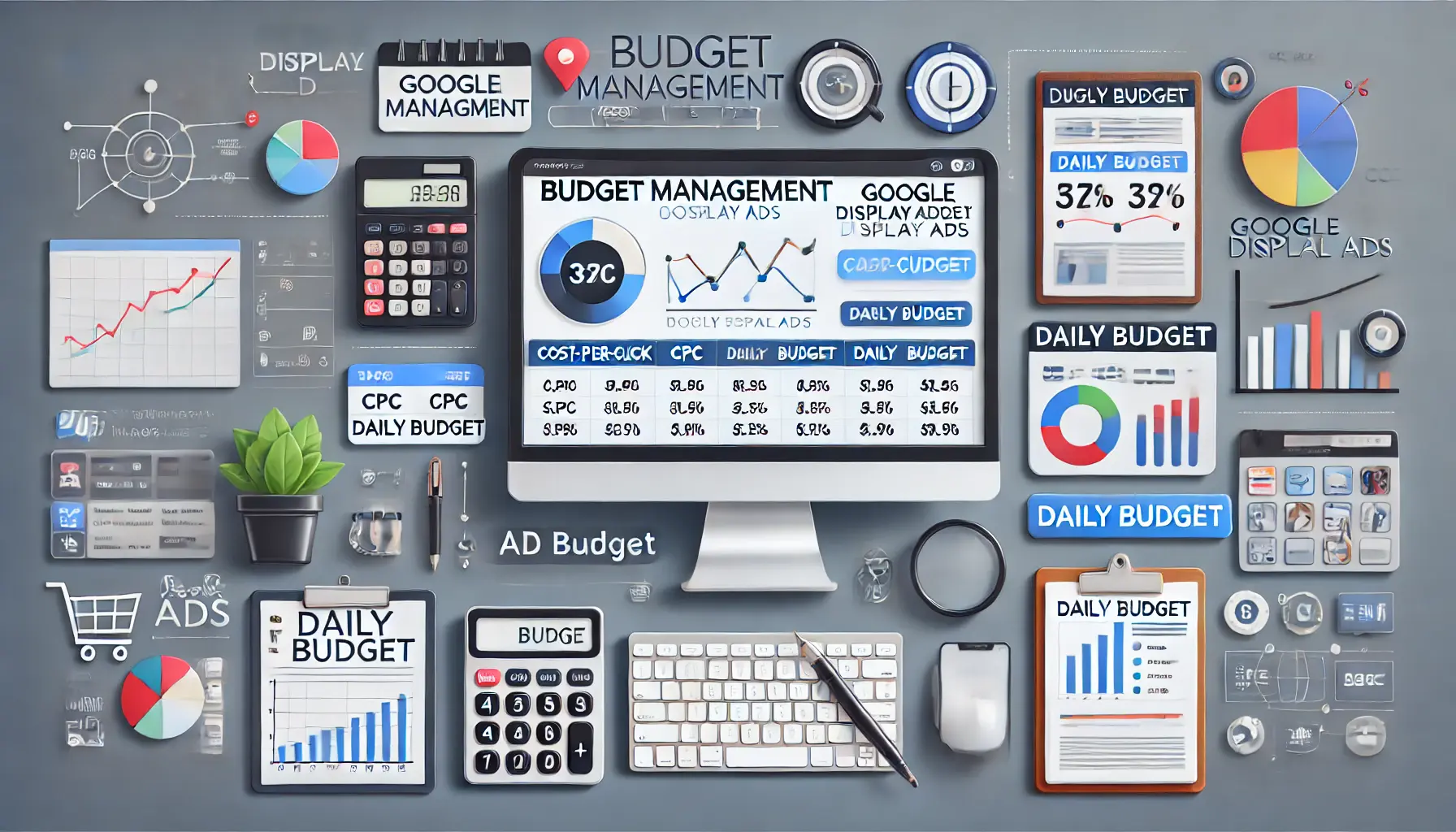 A professional workspace featuring a computer screen displaying a budget dashboard for Google Display Ads, with financial management icons like a calculator and performance graphs.