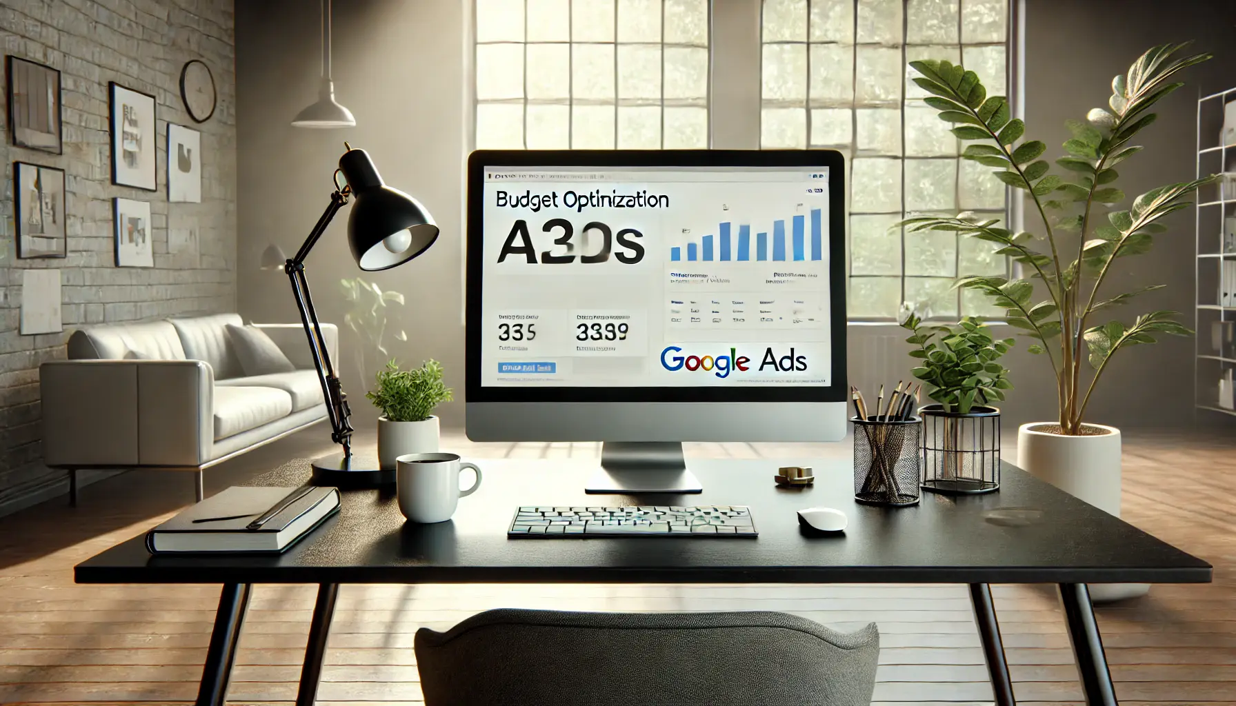 A modern workspace with a computer displaying a Google Ads interface, surrounded by minimalist decor and natural light, emphasizing a professional and creative environment for budget optimization.