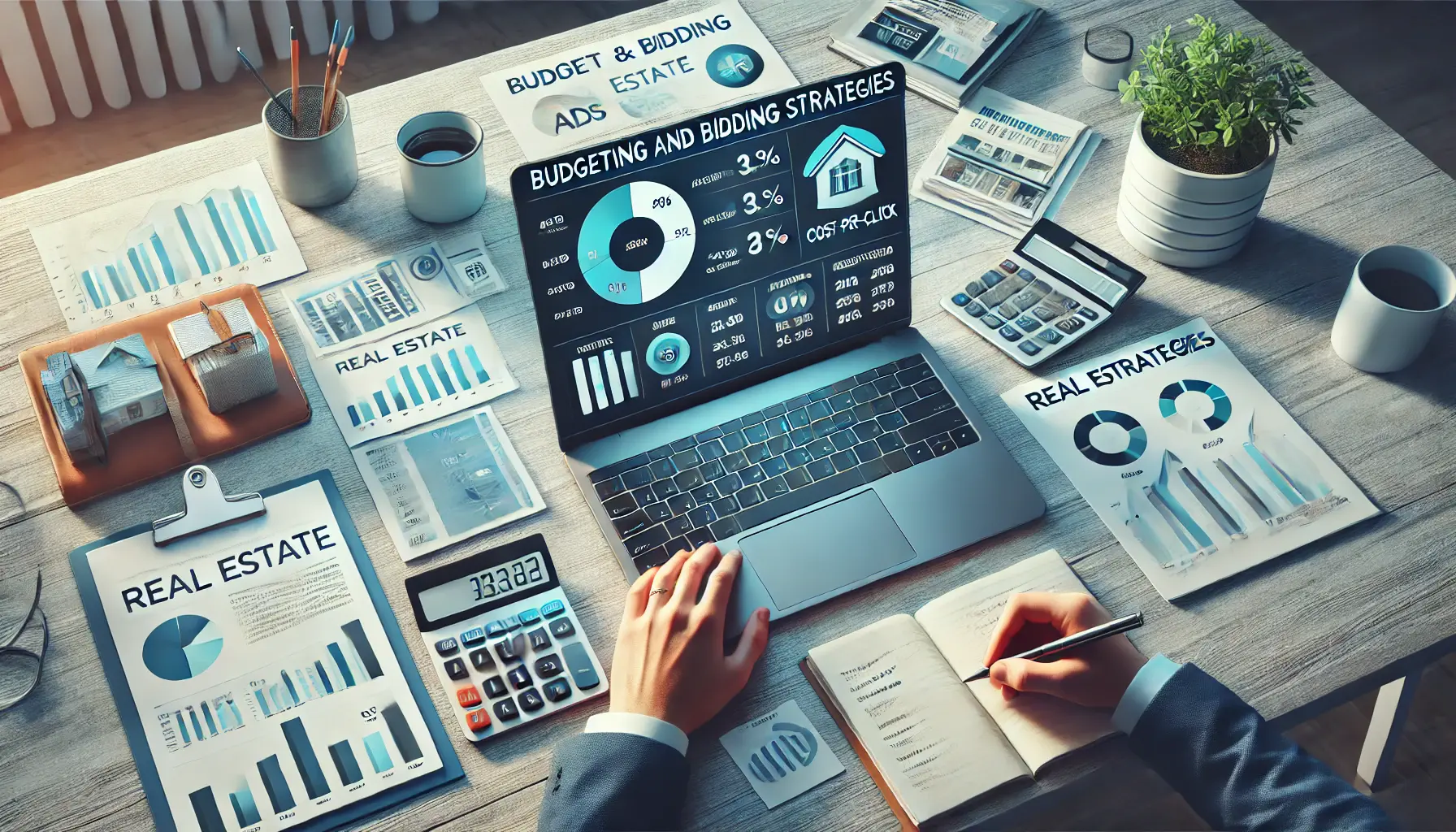 A real estate marketer analyzing budgeting and bidding strategies on a laptop, with charts and graphs displayed on the screen.