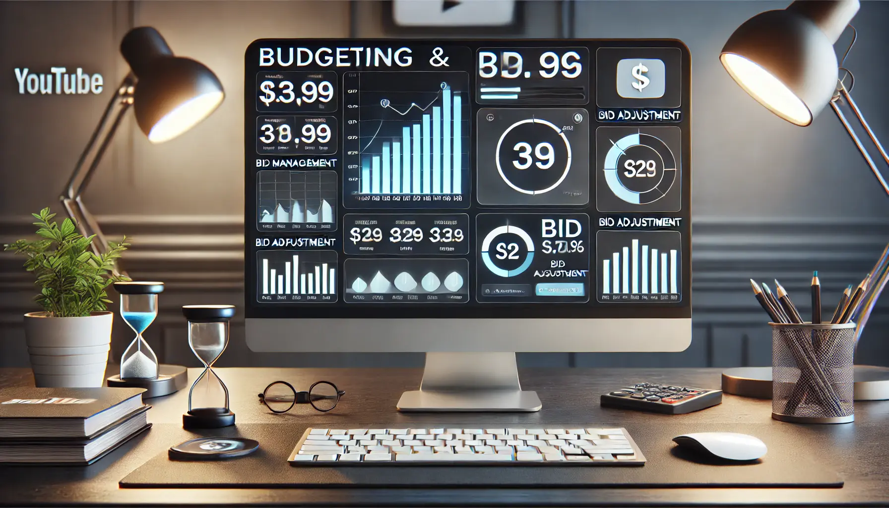 A computer screen displaying a budget management tool with graphs showing expenditure versus performance, and bidding strategy icons.