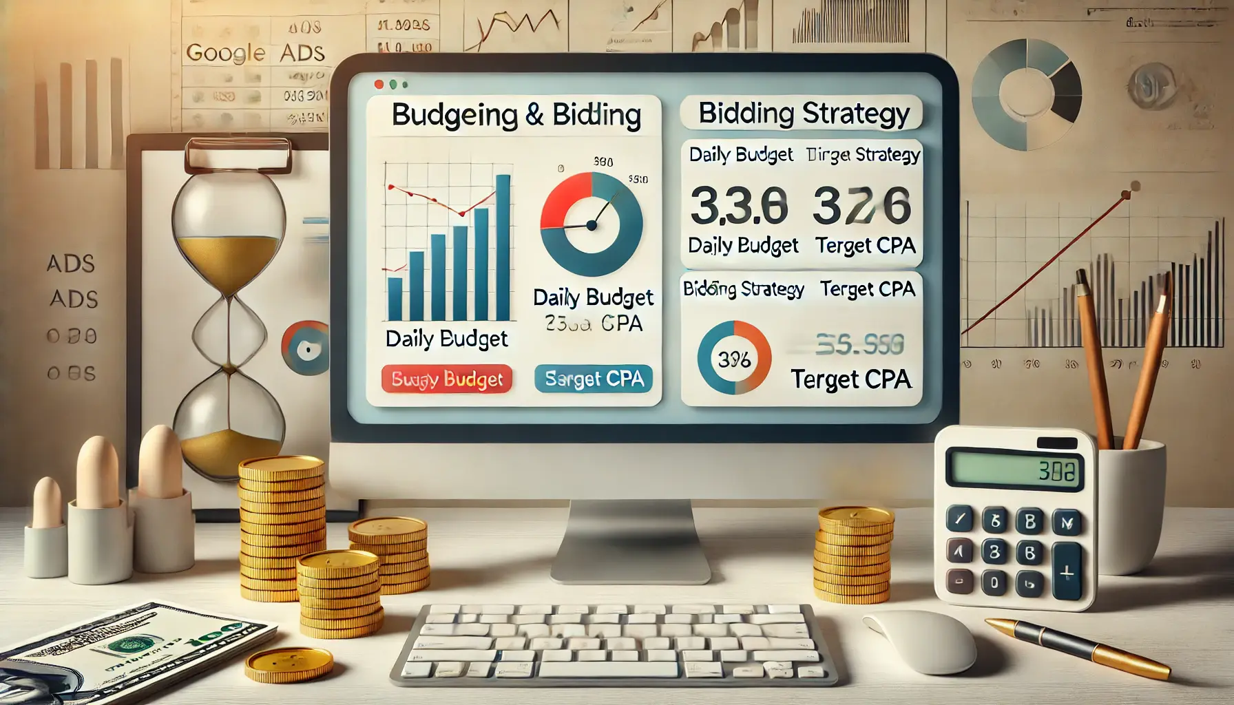 An illustration of budgeting and bidding strategies in Google Ads with a screen showing budget settings, coins, a calculator, and a financial graph.