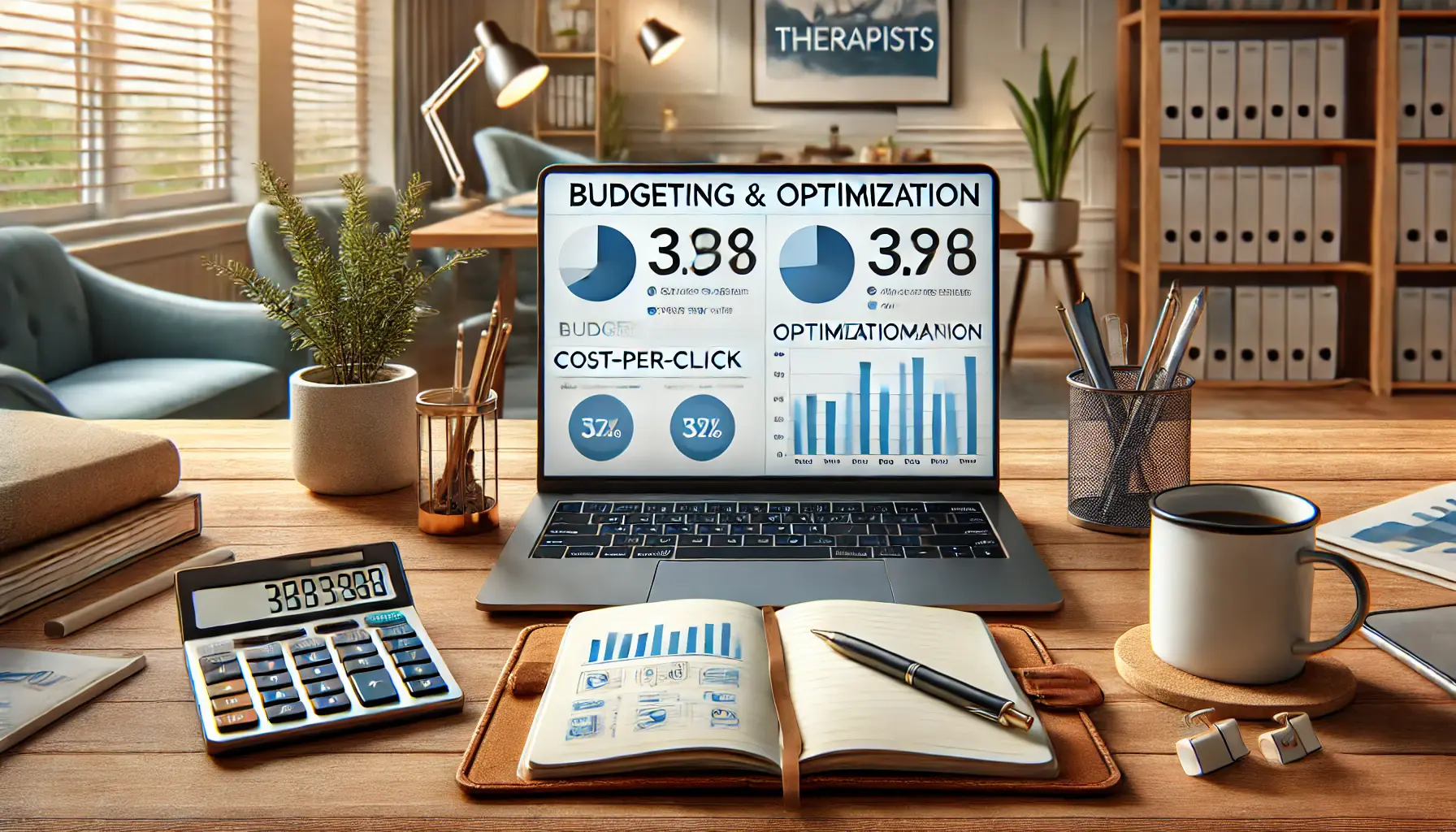 An image showing a laptop with a budget and optimization dashboard, surrounded by tools like a notebook and calculator in a therapy office setting.