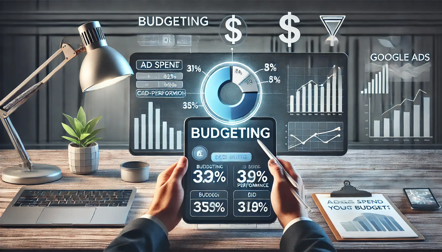 A marketer using a digital dashboard displaying budgeting charts, ad spend allocation pie chart, and cost-performance graphs in a modern workspace.