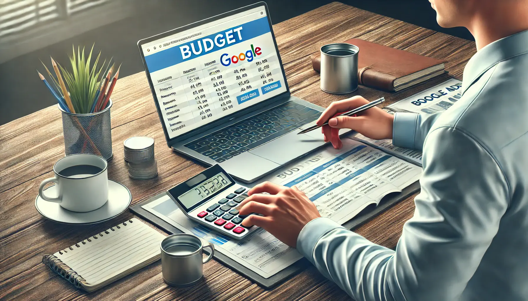 A small business owner adjusting their budget for a Google Ads campaign with a laptop and calculator on the desk.