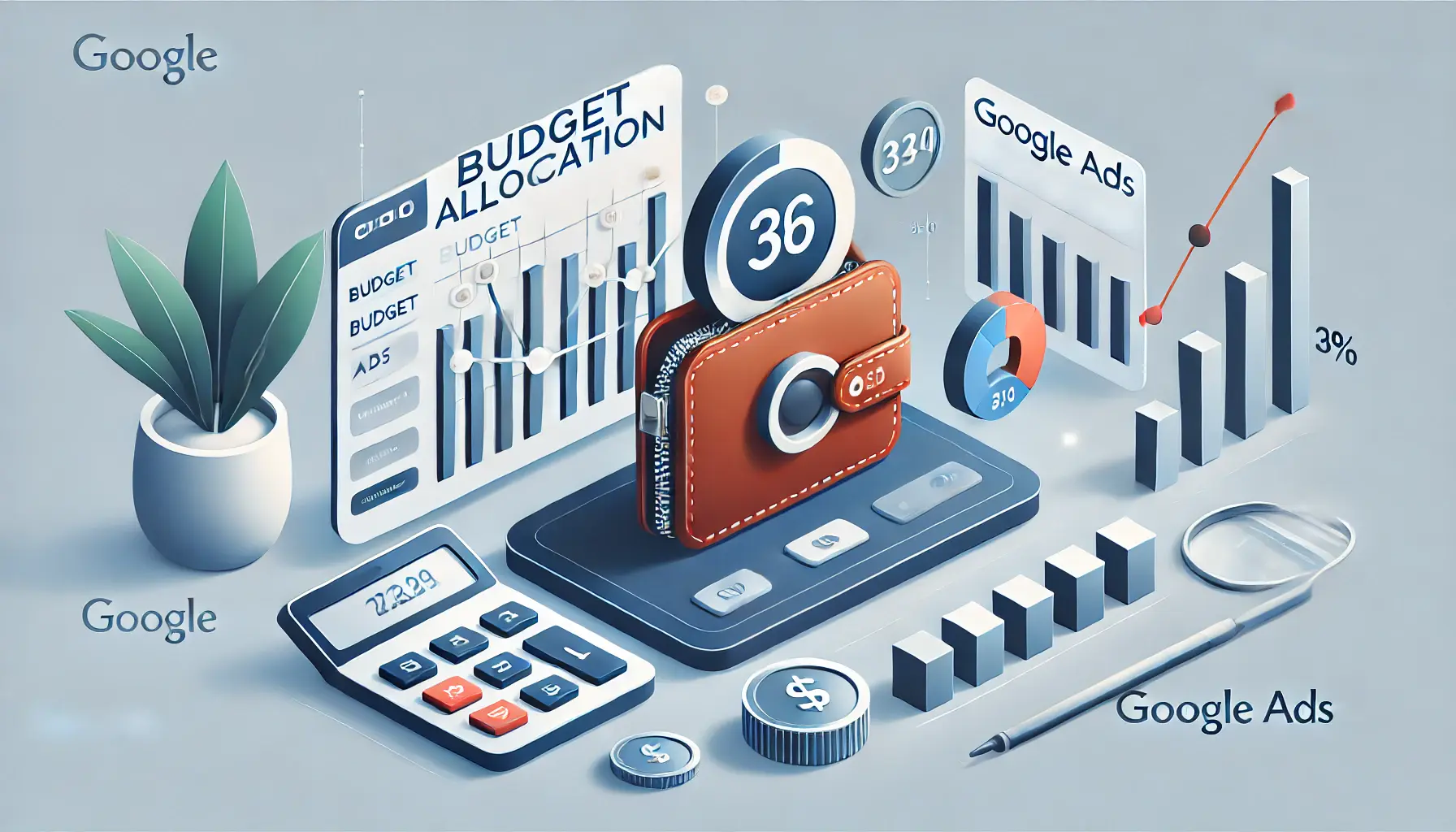 An illustration representing budgeting for a Google Ads campaign, featuring a digital dashboard with budget allocation, a calculator, and a wallet.