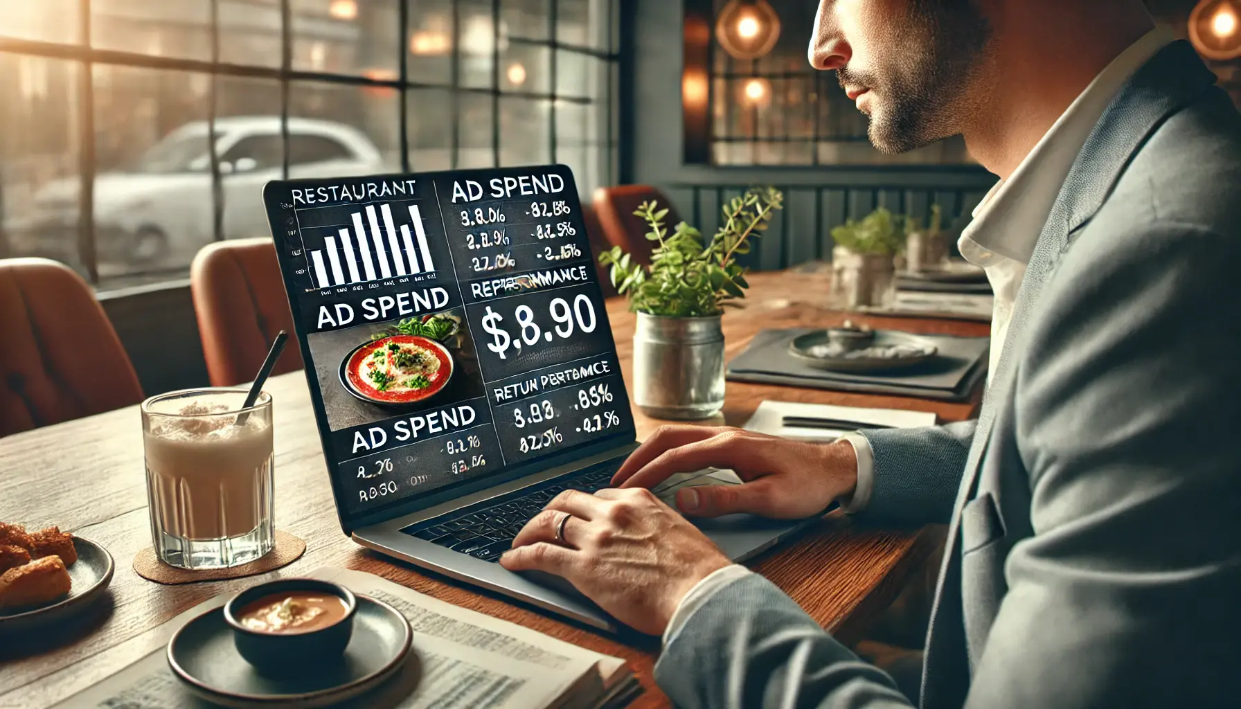 A restaurant owner or marketing team reviewing financial spreadsheets and ad performance data on a laptop.