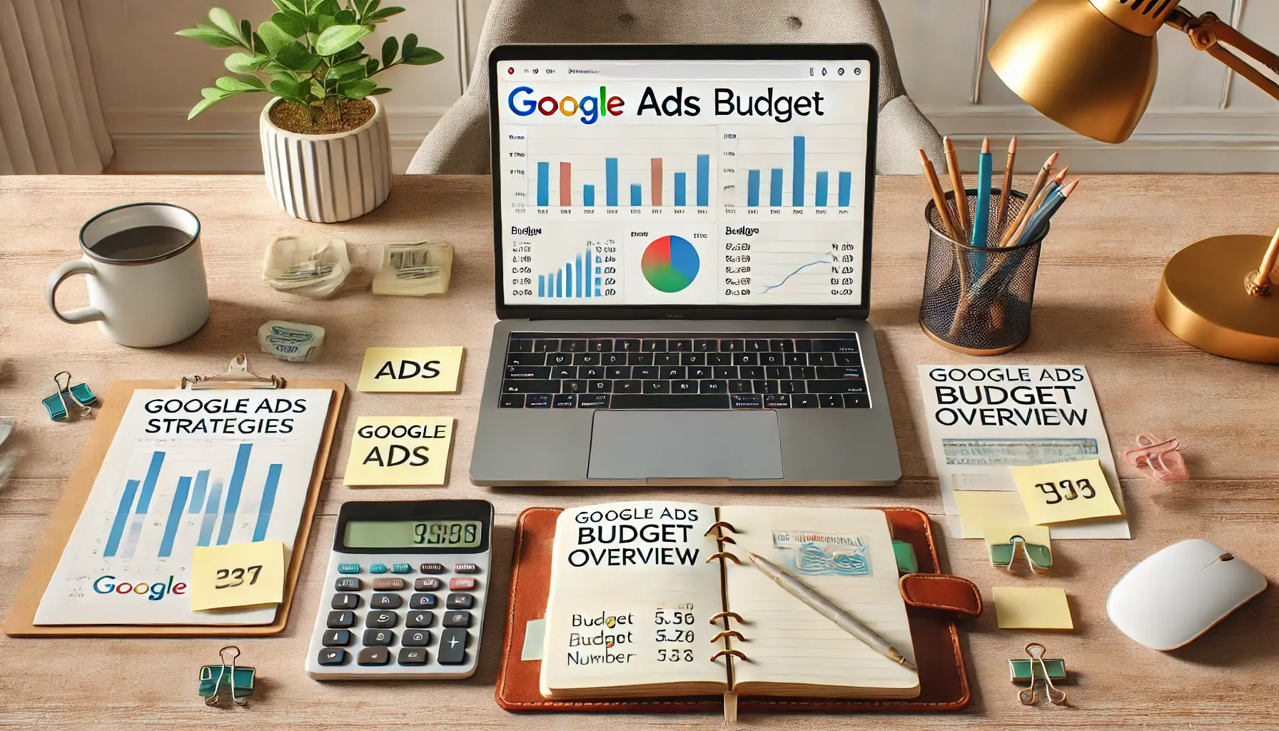 An image showing a laptop with a Google Ads budget overview, surrounded by a calculator, budget planner, and therapy office elements.