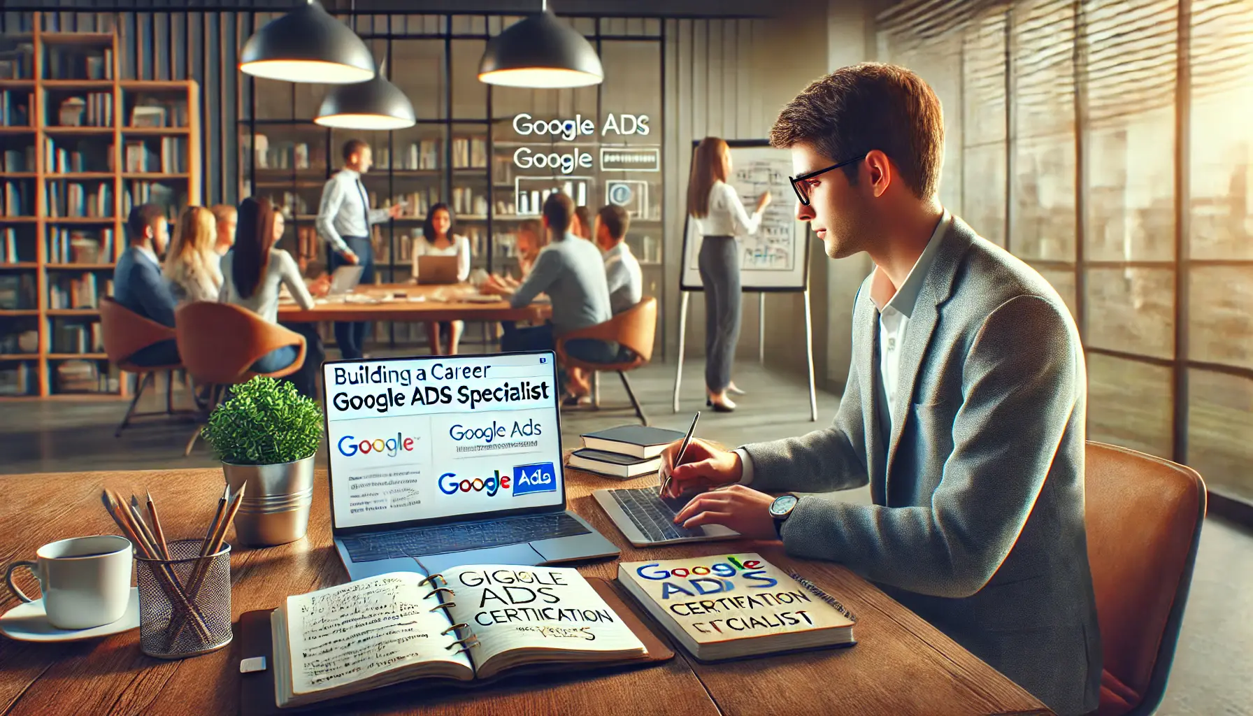 A young professional in a modern office working on Google Ads certification and campaign management, surrounded by tools and a collaborative team.