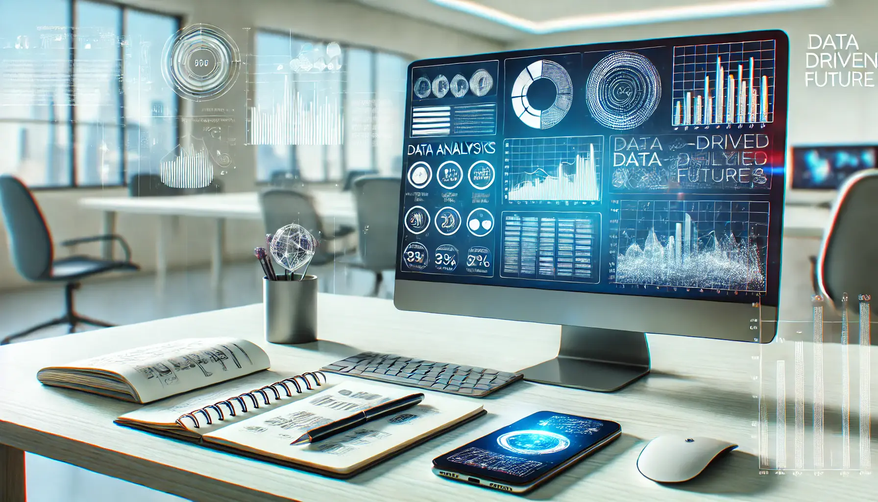 A workspace with a computer displaying data visualizations like bar charts and graphs, representing a data-driven future.