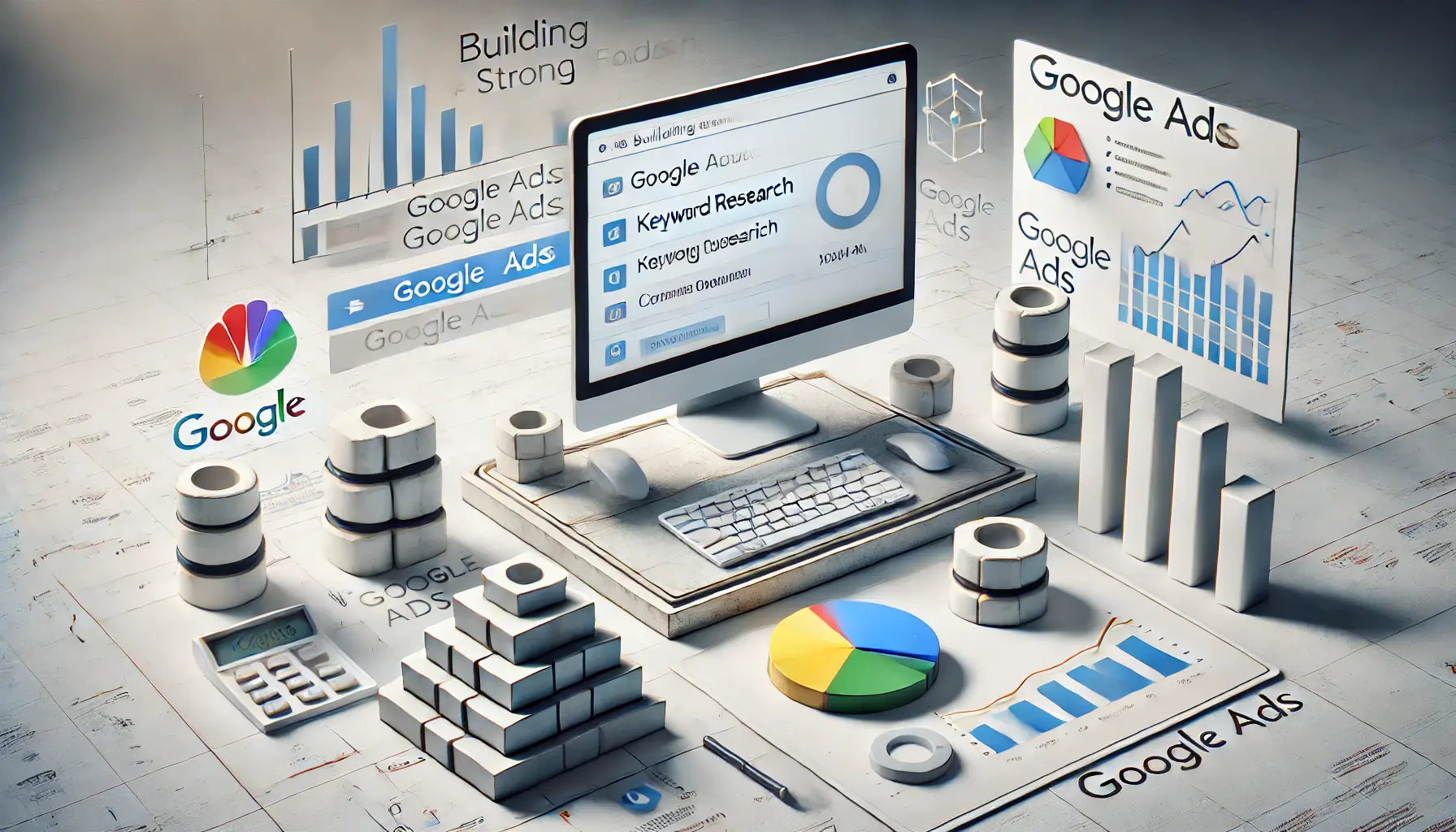 A computer displaying the initial setup of a Google Ads campaign surrounded by building blocks, a roadmap, and growth graphs.