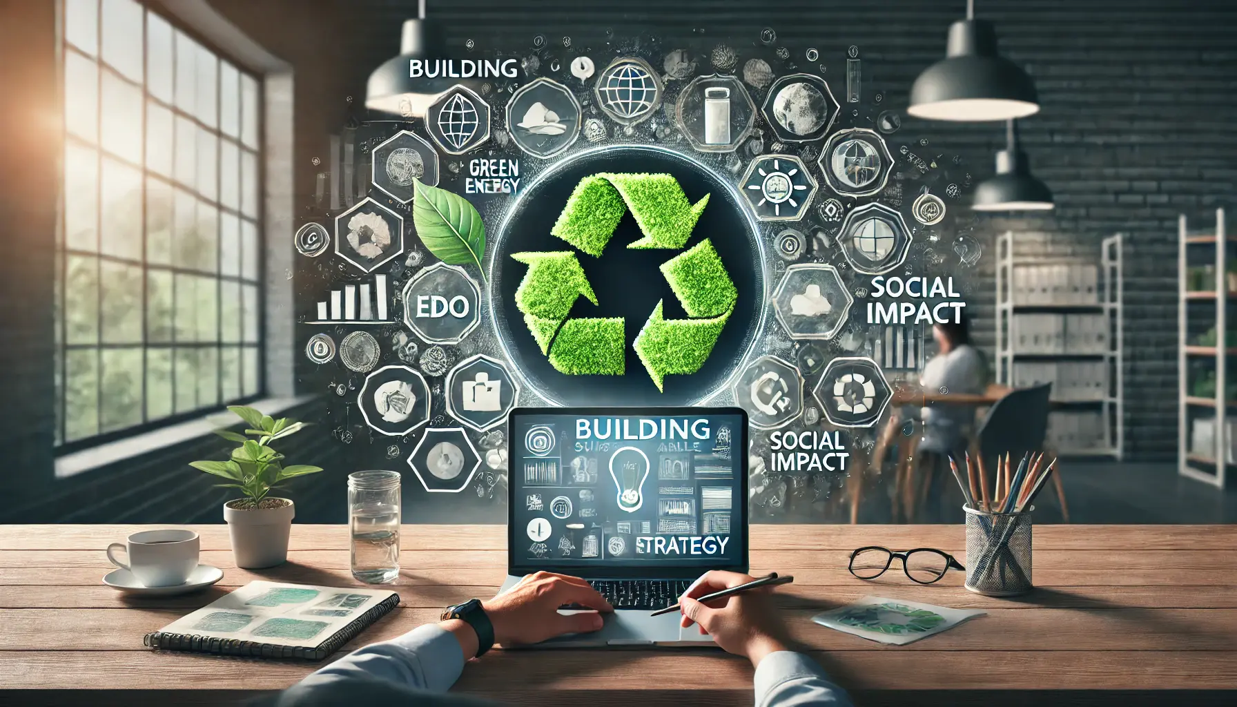 Illustration of a person working at a desk with a laptop displaying an eco-friendly ad campaign, surrounded by symbols of sustainability like a leaf, globe, and recycling icon.