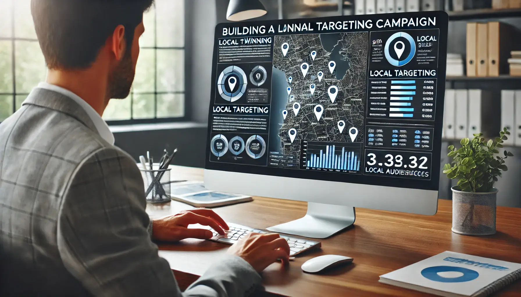 A digital marketer working on a local targeting campaign, analyzing maps and performance data on a computer screen.