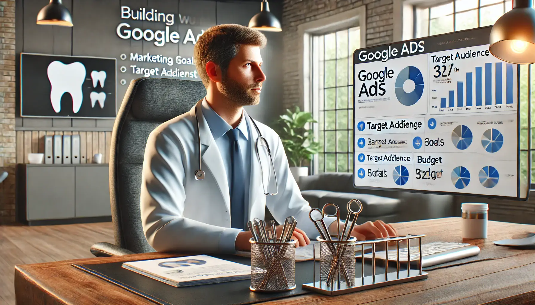 A dentist strategizing their Google Ads campaign in a modern office, reviewing marketing goals and planning tools.