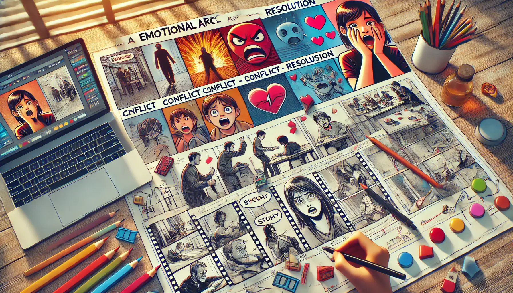 A creative workspace showing a storyboard with scenes depicting an emotional arc, featuring characters expressing changing emotions such as surprise, sadness, and happiness.