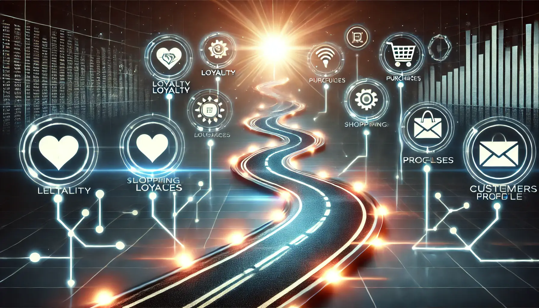 Illustration of a strategic roadmap with milestones representing brand loyalty, purchases, and customer engagement.